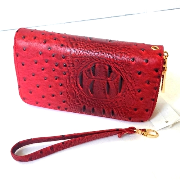 Women's Ostrich Embossed Leather Red Multi Compartment Wallet - Picture 2 of 6